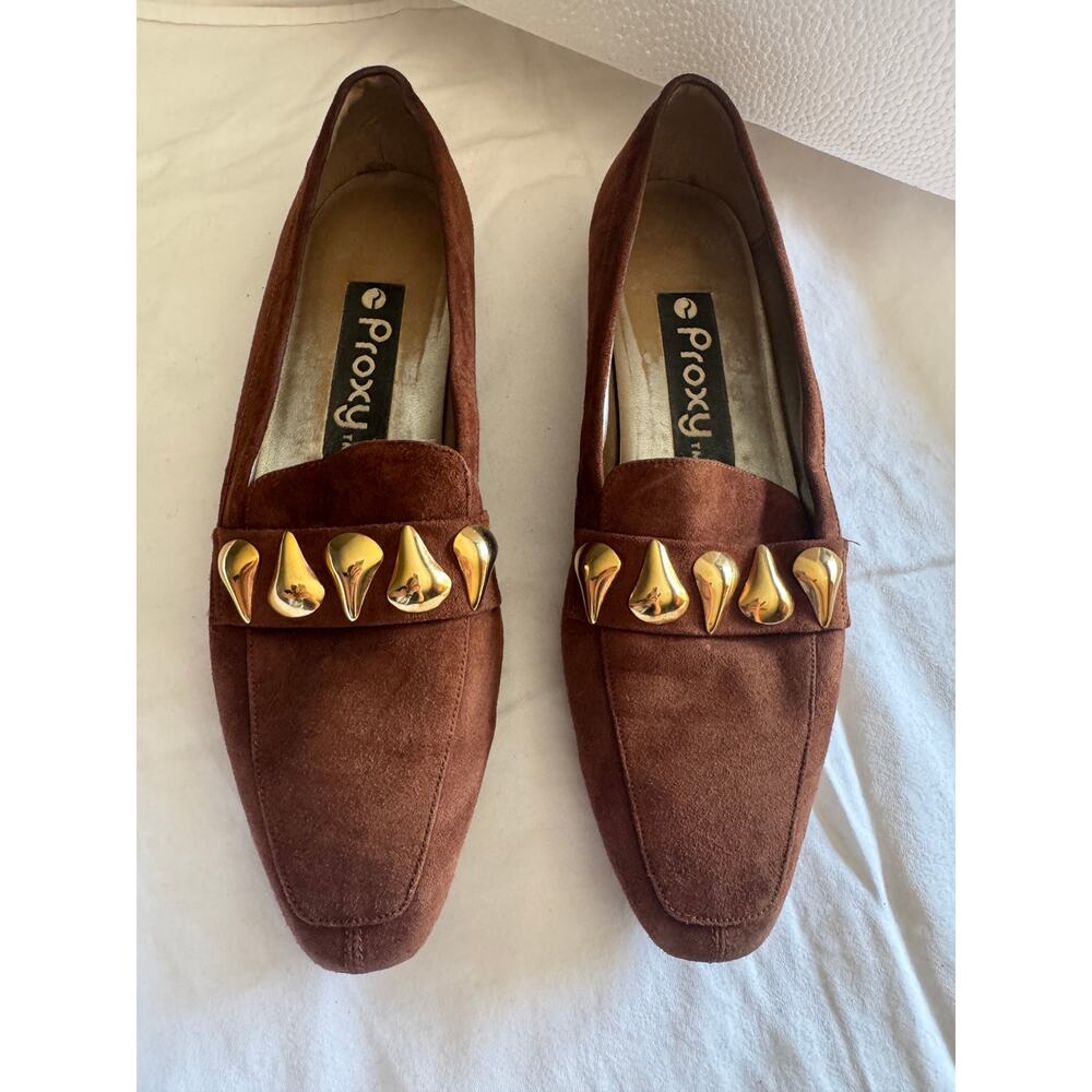 Proxy · 7.5 N · Brown · Suede · Gold Teardrop · Studded · Deco Flats